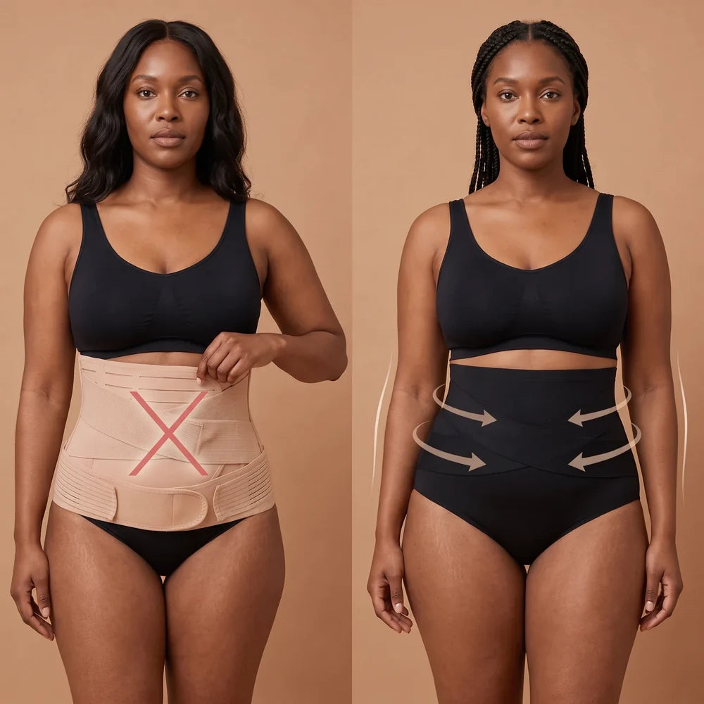 Traditional compression belt compared with Pelvica 360 support brief